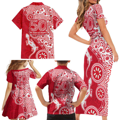 Dolphins NRL NAIDOC Week 2026 Family Matching Short Sleeve Bodycon Dress and Hawaiian Shirt Aboriginal Lizard Dot Painting - 50 Years of Deadly