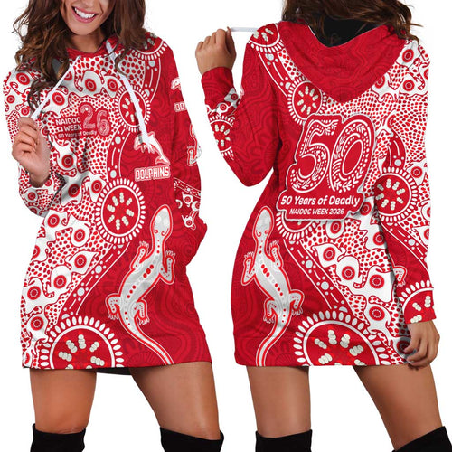 Dolphins NRL NAIDOC Week 2026 Hoodie Dress Aboriginal Lizard Dot Painting - 50 Years of Deadly