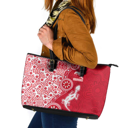 Dolphins NRL NAIDOC Week 2026 Leather Tote Bag Aboriginal Lizard Dot Painting - 50 Years of Deadly