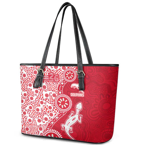 Dolphins NRL NAIDOC Week 2026 Leather Tote Bag Aboriginal Lizard Dot Painting - 50 Years of Deadly