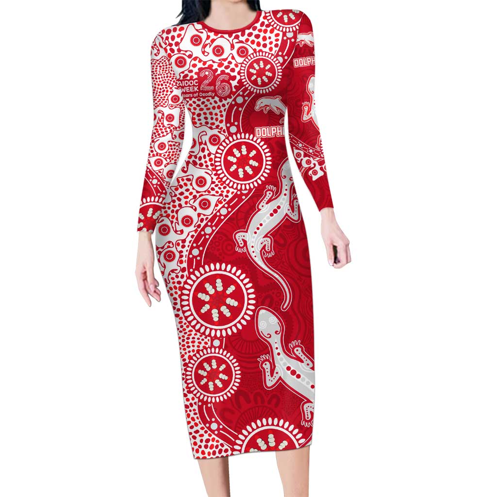 Dolphins NRL NAIDOC Week 2026 Long Sleeve Bodycon Dress Aboriginal Lizard Dot Painting - 50 Years of Deadly
