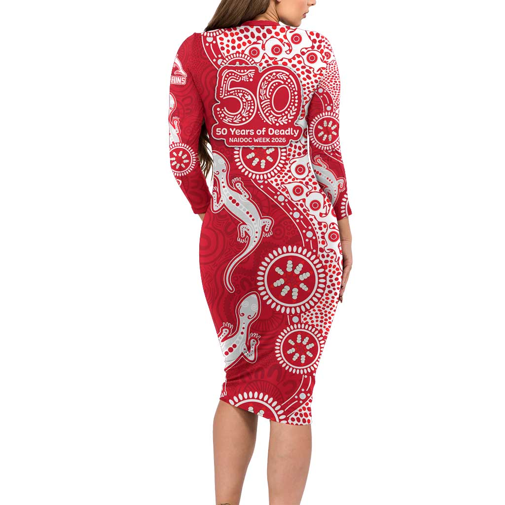 Dolphins NRL NAIDOC Week 2026 Long Sleeve Bodycon Dress Aboriginal Lizard Dot Painting - 50 Years of Deadly