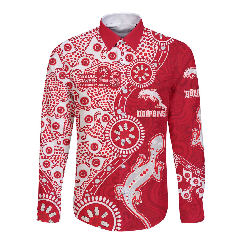 Dolphins NRL NAIDOC Week 2026 Long Sleeve Button Shirt Aboriginal Lizard Dot Painting - 50 Years of Deadly