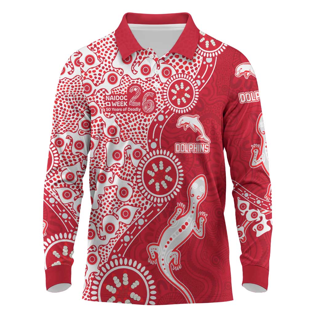 Dolphins NRL NAIDOC Week 2026 Long Sleeve Polo Shirt Aboriginal Lizard Dot Painting - 50 Years of Deadly
