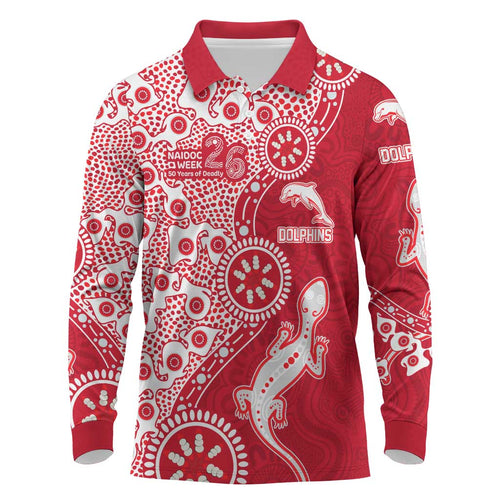 Dolphins NRL NAIDOC Week 2026 Long Sleeve Polo Shirt Aboriginal Lizard Dot Painting - 50 Years of Deadly