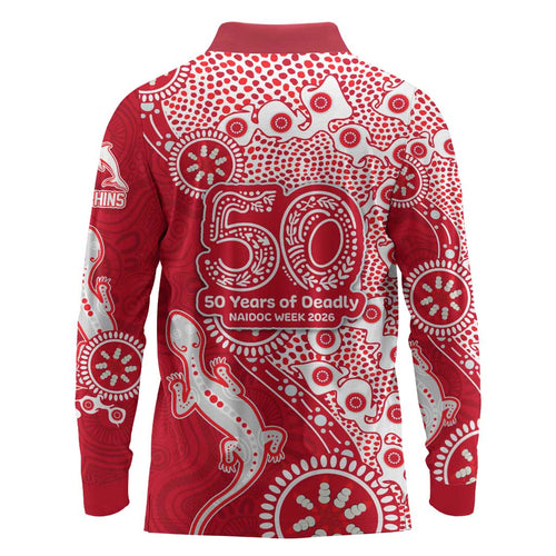 Dolphins NRL NAIDOC Week 2026 Long Sleeve Polo Shirt Aboriginal Lizard Dot Painting - 50 Years of Deadly