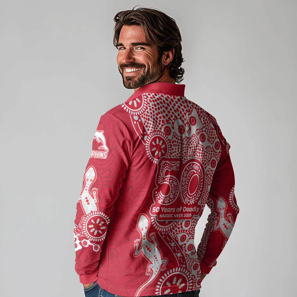 Dolphins NRL NAIDOC Week 2026 Long Sleeve Polo Shirt Aboriginal Lizard Dot Painting - 50 Years of Deadly