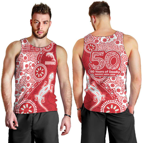 Dolphins NRL NAIDOC Week 2026 Men Tank Top Aboriginal Lizard Dot Painting - 50 Years of Deadly