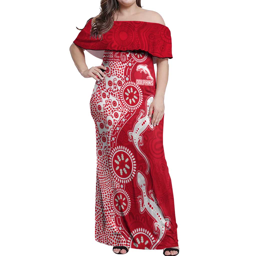 Dolphins NRL NAIDOC Week 2026 Off Shoulder Maxi Dress Aboriginal Lizard Dot Painting - 50 Years of Deadly