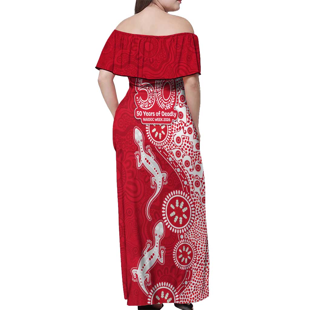 Dolphins NRL NAIDOC Week 2026 Off Shoulder Maxi Dress Aboriginal Lizard Dot Painting - 50 Years of Deadly