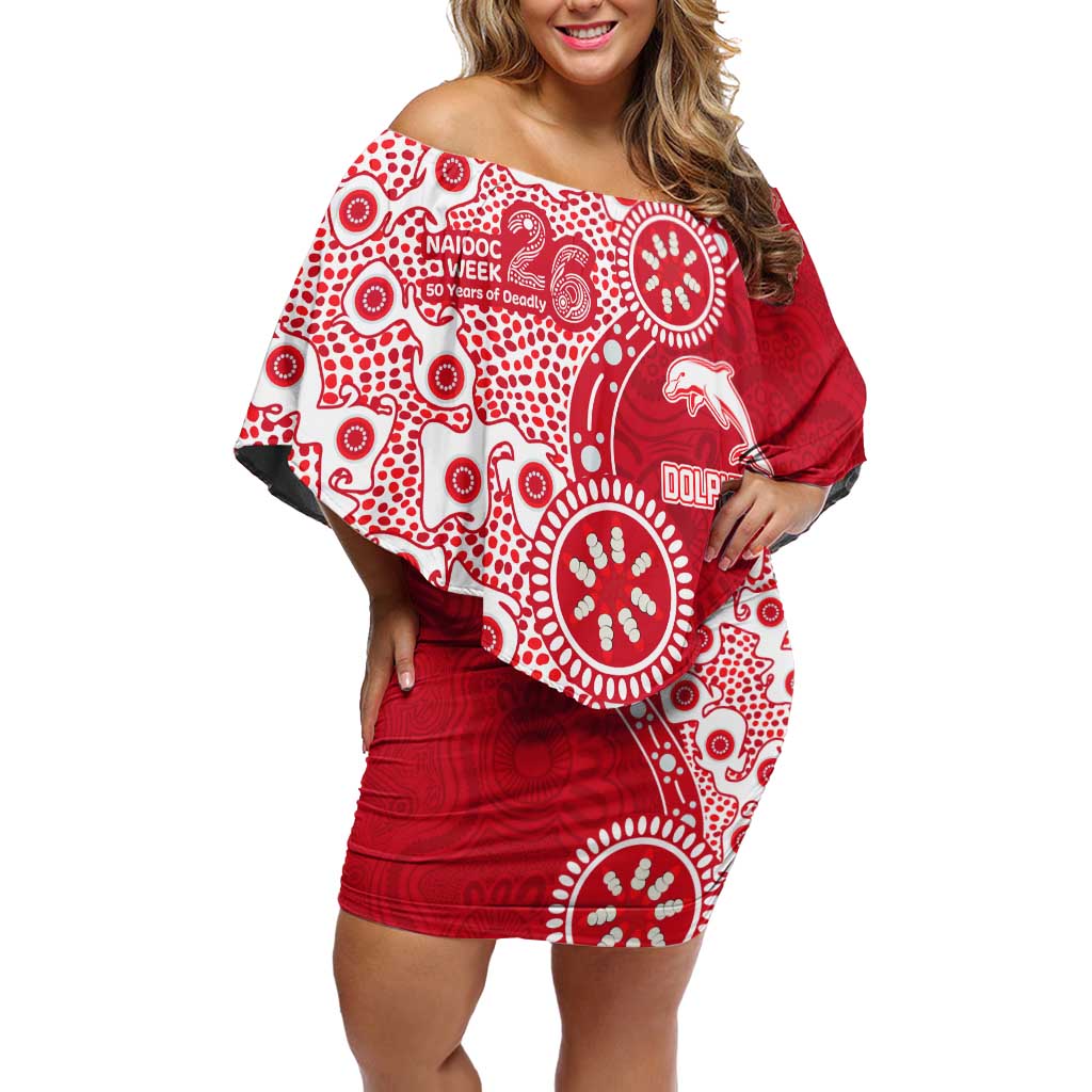Dolphins NRL NAIDOC Week 2026 Off Shoulder Short Dress Aboriginal Lizard Dot Painting - 50 Years of Deadly