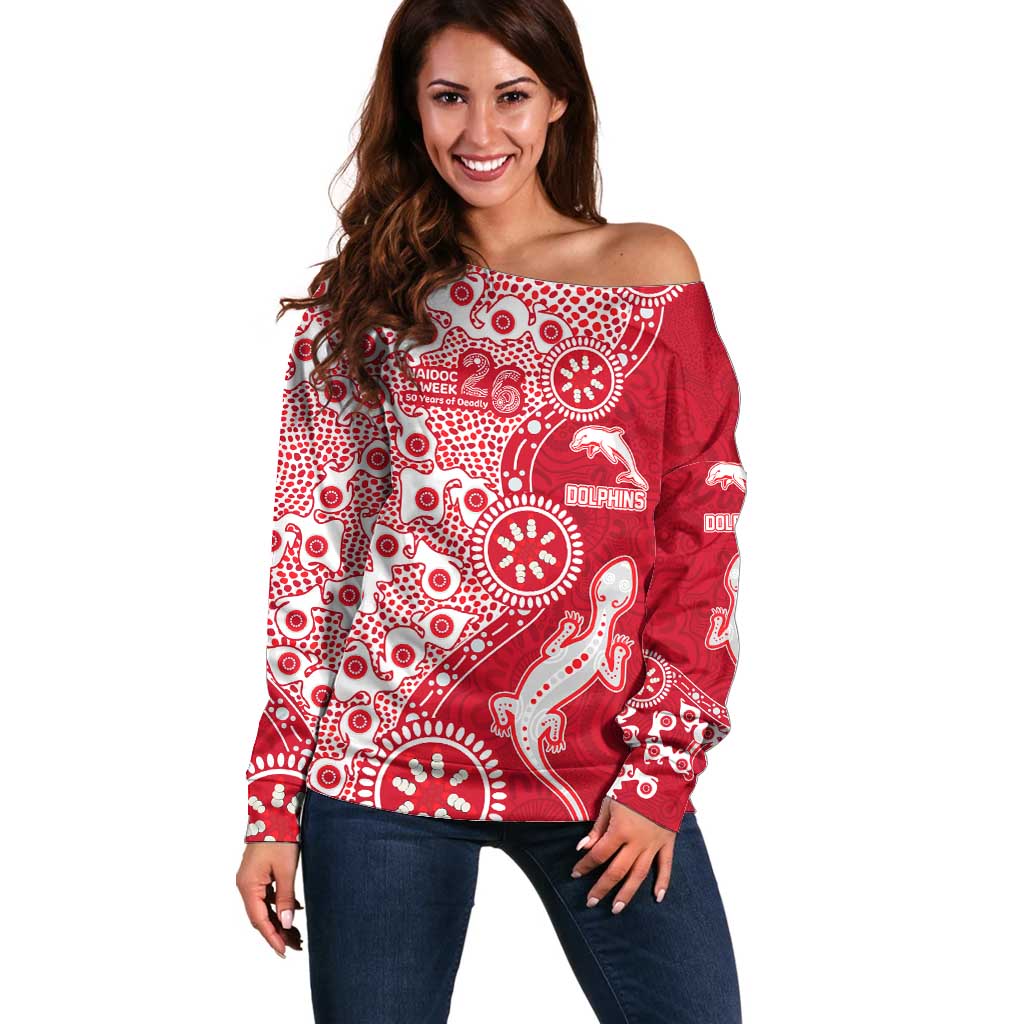 Dolphins NRL NAIDOC Week 2026 Off Shoulder Sweater Aboriginal Lizard Dot Painting - 50 Years of Deadly