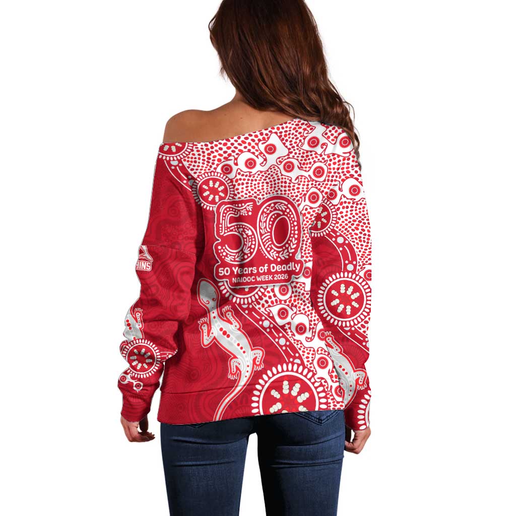 Dolphins NRL NAIDOC Week 2026 Off Shoulder Sweater Aboriginal Lizard Dot Painting - 50 Years of Deadly