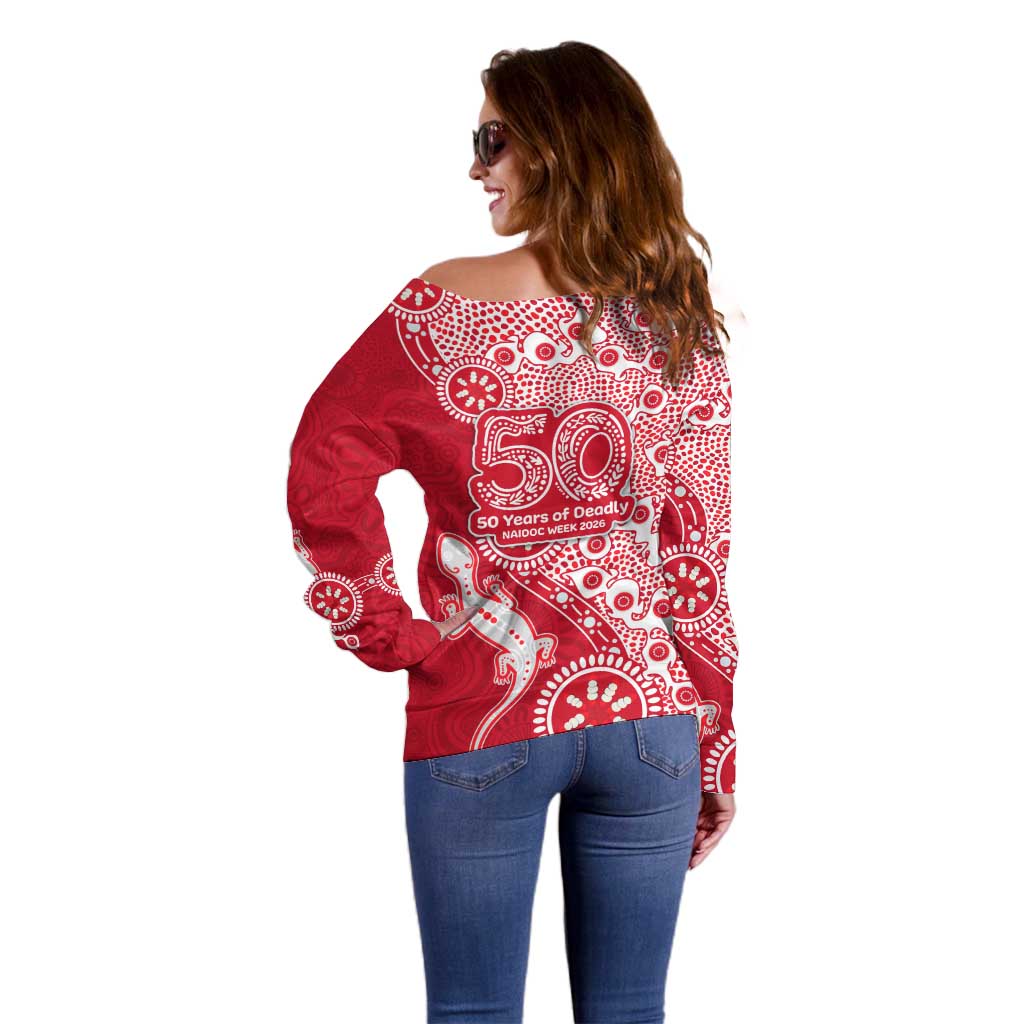 Dolphins NRL NAIDOC Week 2026 Off Shoulder Sweater Aboriginal Lizard Dot Painting - 50 Years of Deadly