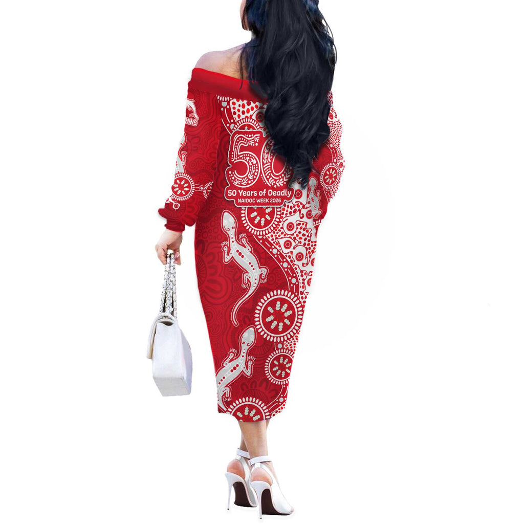 Dolphins NRL NAIDOC Week 2026 Off The Shoulder Long Sleeve Dress Aboriginal Lizard Dot Painting - 50 Years of Deadly
