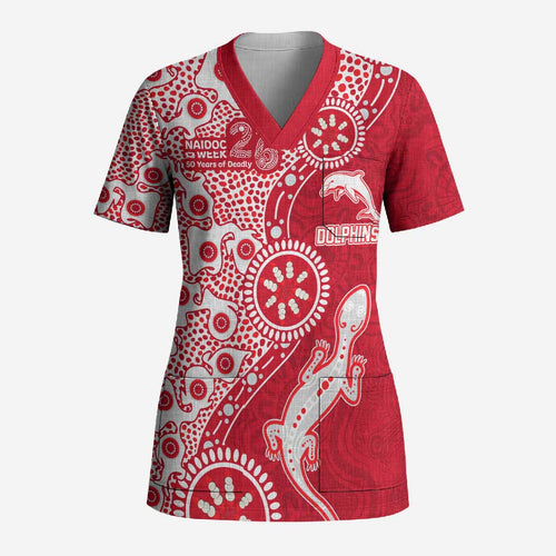 Dolphins NRL NAIDOC Week 2026 Scrub Top Aboriginal Lizard Dot Painting - 50 Years of Deadly
