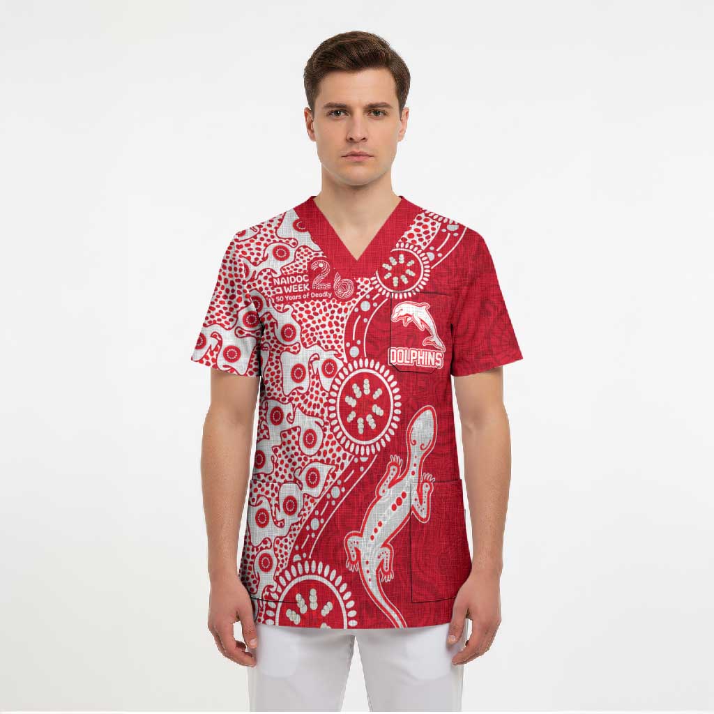 Dolphins NRL NAIDOC Week 2026 Scrub Top Aboriginal Lizard Dot Painting - 50 Years of Deadly