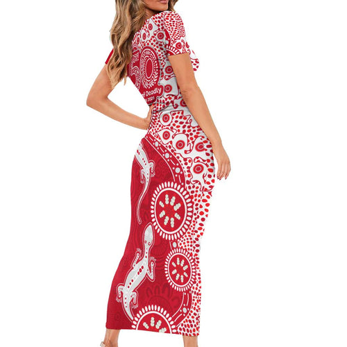 Dolphins NRL NAIDOC Week 2026 Short Sleeve Bodycon Dress Aboriginal Lizard Dot Painting - 50 Years of Deadly