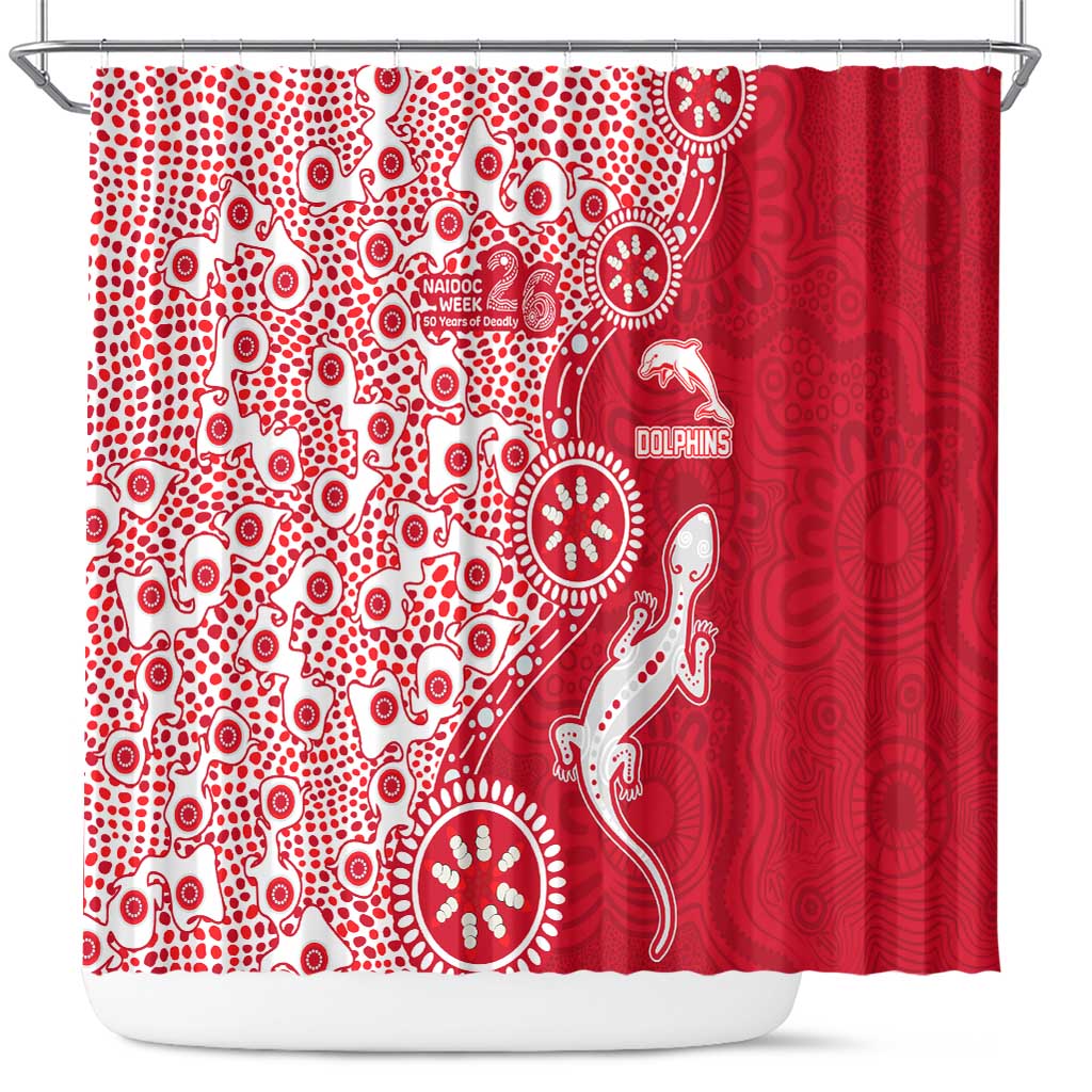 Dolphins NRL NAIDOC Week 2026 Shower Curtain Aboriginal Lizard Dot Painting - 50 Years of Deadly