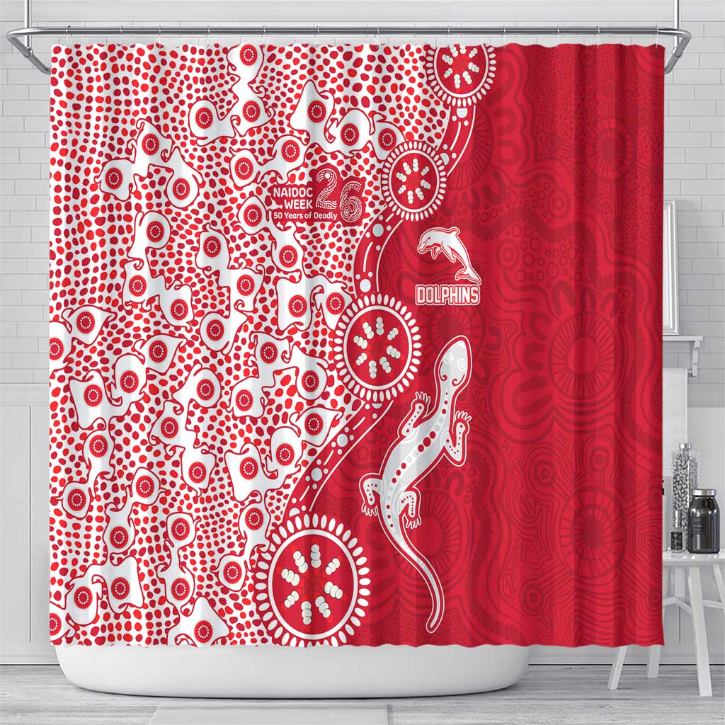 Dolphins NRL NAIDOC Week 2026 Shower Curtain Aboriginal Lizard Dot Painting - 50 Years of Deadly