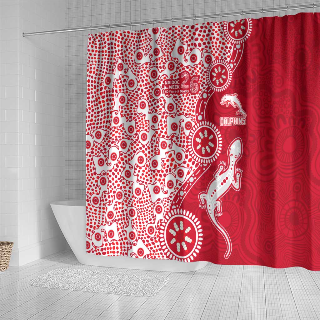 Dolphins NRL NAIDOC Week 2026 Shower Curtain Aboriginal Lizard Dot Painting - 50 Years of Deadly