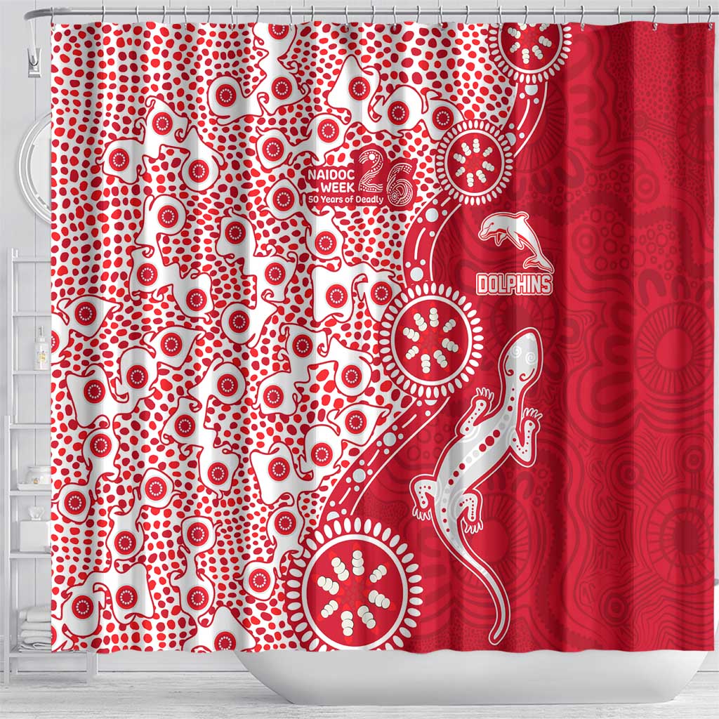 Dolphins NRL NAIDOC Week 2026 Shower Curtain Aboriginal Lizard Dot Painting - 50 Years of Deadly