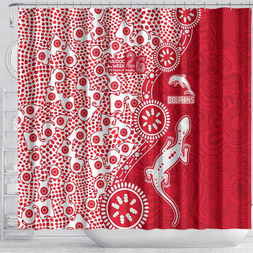 Dolphins NRL NAIDOC Week 2026 Shower Curtain Aboriginal Lizard Dot Painting - 50 Years of Deadly