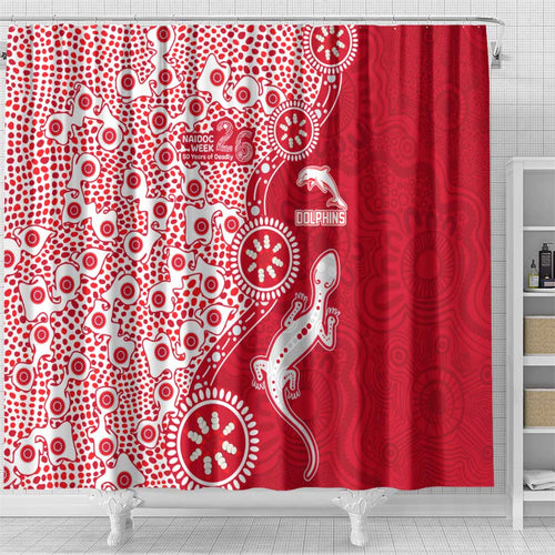Dolphins NRL NAIDOC Week 2026 Shower Curtain Aboriginal Lizard Dot Painting - 50 Years of Deadly