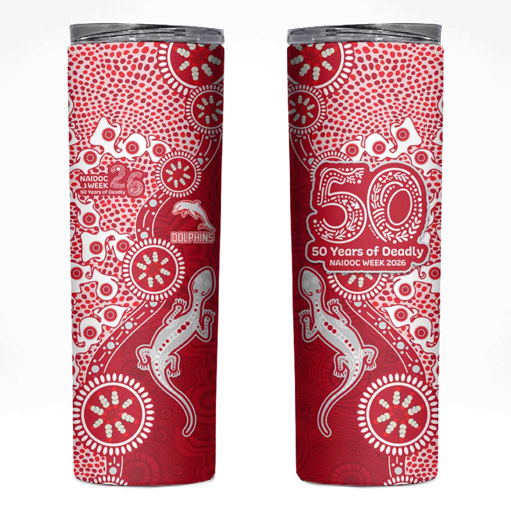 Dolphins NRL NAIDOC Week 2026 Skinny Tumbler Aboriginal Lizard Dot Painting - 50 Years of Deadly