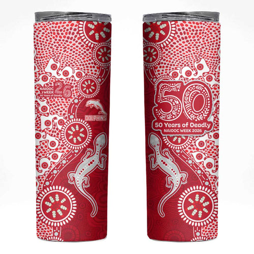 Dolphins NRL NAIDOC Week 2026 Skinny Tumbler Aboriginal Lizard Dot Painting - 50 Years of Deadly