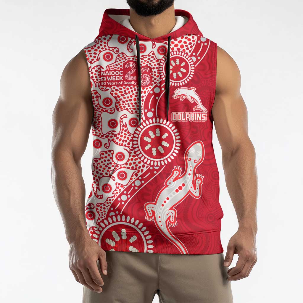 Dolphins NRL NAIDOC Week 2026 Sleeveless Hoodie Aboriginal Lizard Dot Painting - 50 Years of Deadly