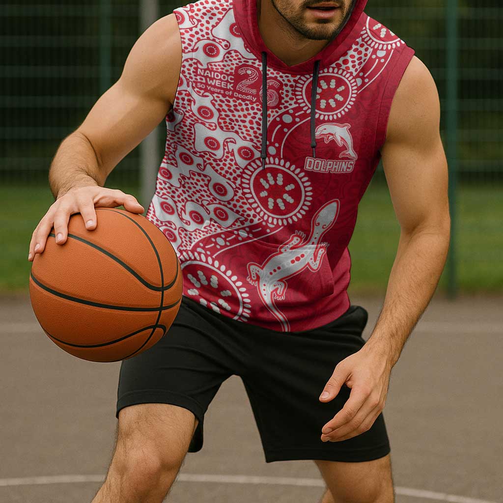 Dolphins NRL NAIDOC Week 2026 Sleeveless Hoodie Aboriginal Lizard Dot Painting - 50 Years of Deadly