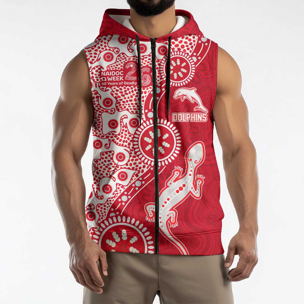 Dolphins NRL NAIDOC Week 2026 Sleeveless Zip Hoodie Aboriginal Lizard Dot Painting - 50 Years of Deadly