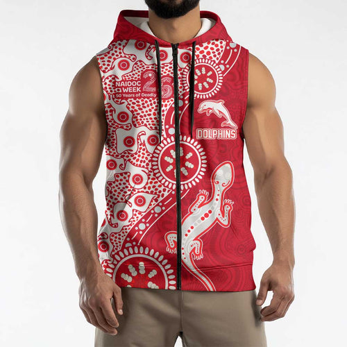 Dolphins NRL NAIDOC Week 2026 Sleeveless Zip Hoodie Aboriginal Lizard Dot Painting - 50 Years of Deadly
