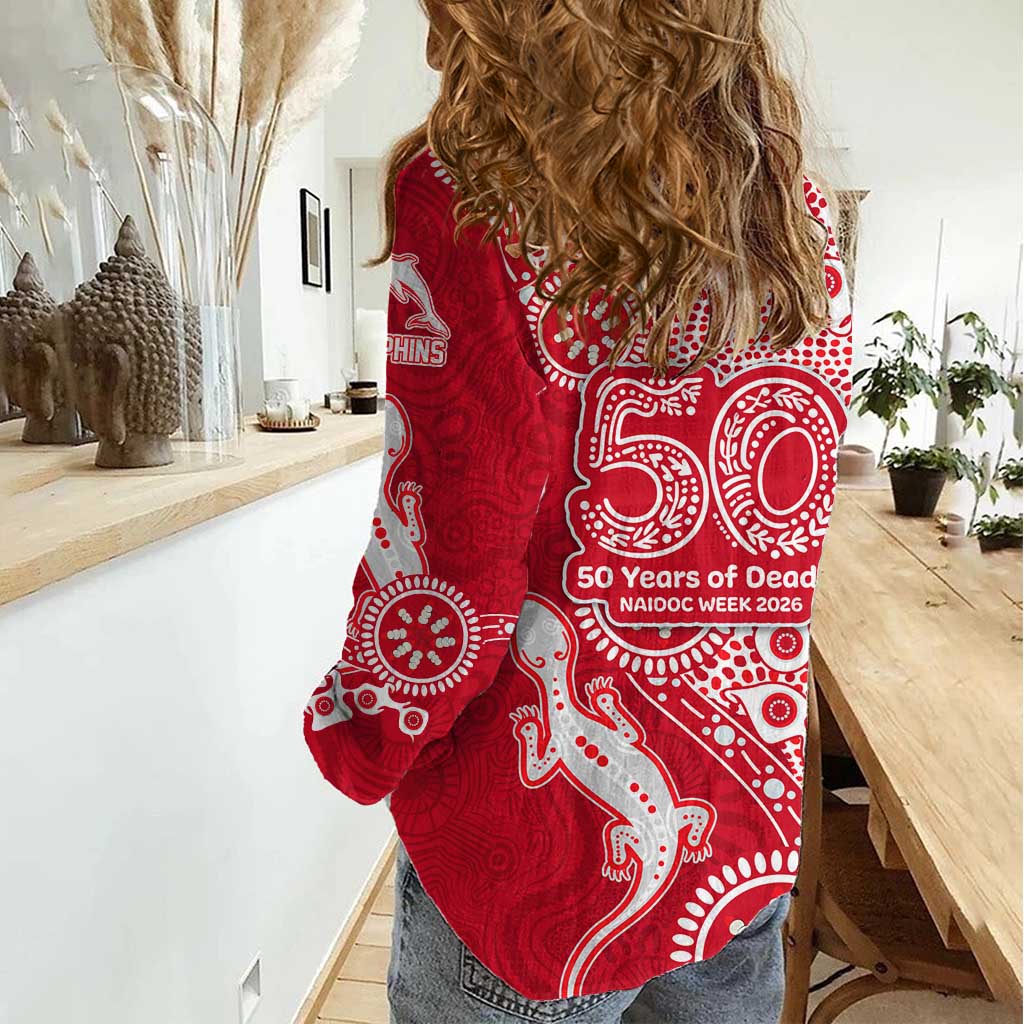 Dolphins NRL NAIDOC Week 2026 Women Casual Shirt Aboriginal Lizard Dot Painting - 50 Years of Deadly