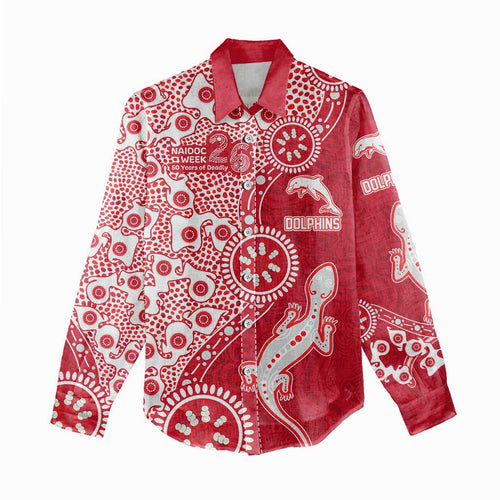 Dolphins NRL NAIDOC Week 2026 Women Casual Shirt Aboriginal Lizard Dot Painting - 50 Years of Deadly