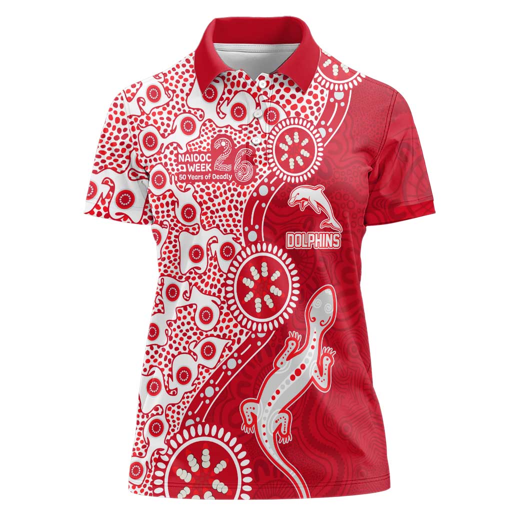 Dolphins NRL NAIDOC Week 2026 Women Polo Shirt Aboriginal Lizard Dot Painting - 50 Years of Deadly