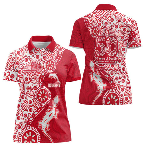 Dolphins NRL NAIDOC Week 2026 Women Polo Shirt Aboriginal Lizard Dot Painting - 50 Years of Deadly