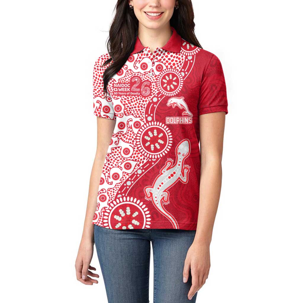 Dolphins NRL NAIDOC Week 2026 Women Polo Shirt Aboriginal Lizard Dot Painting - 50 Years of Deadly