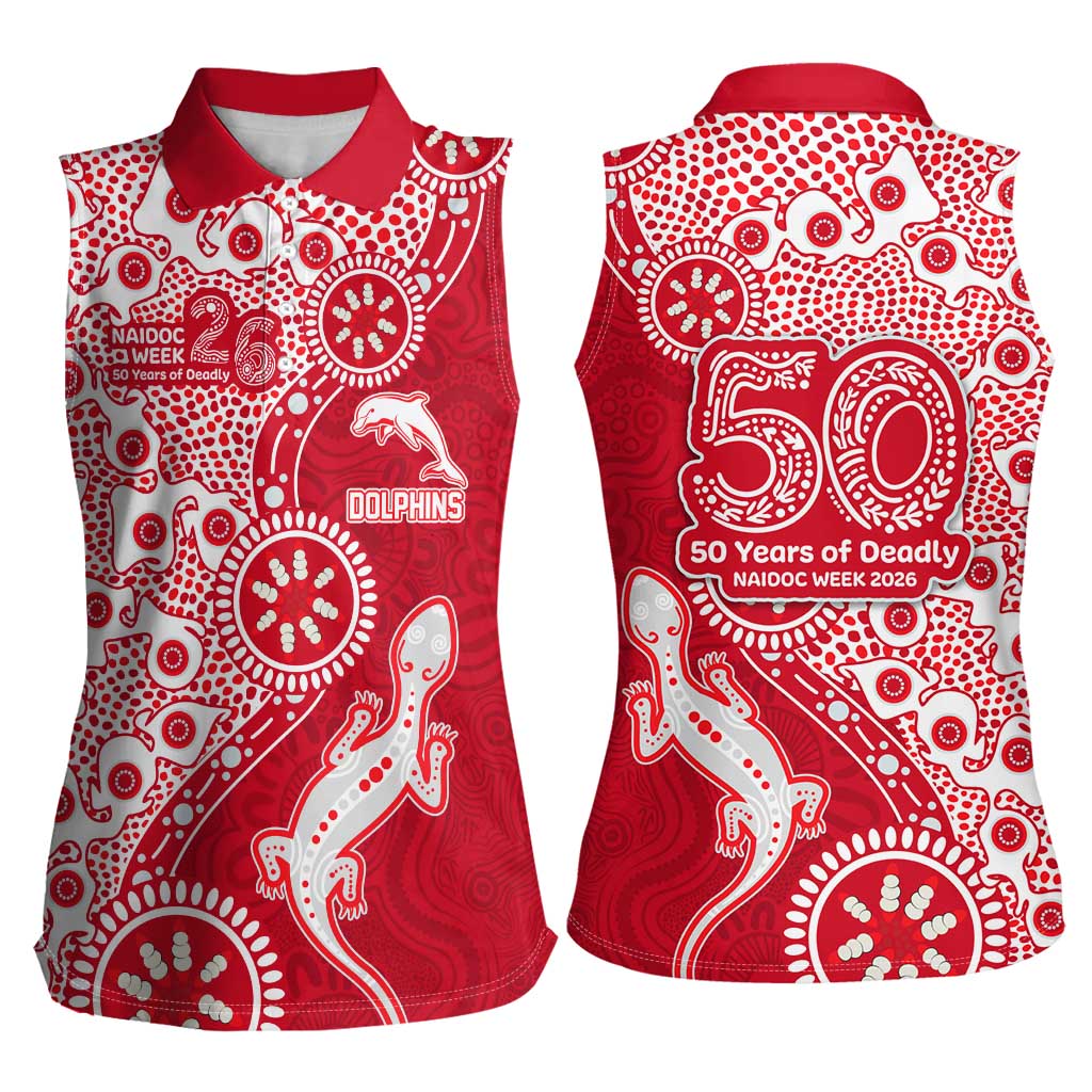 Dolphins NRL NAIDOC Week 2026 Women Sleeveless Polo Shirt Aboriginal Lizard Dot Painting - 50 Years of Deadly
