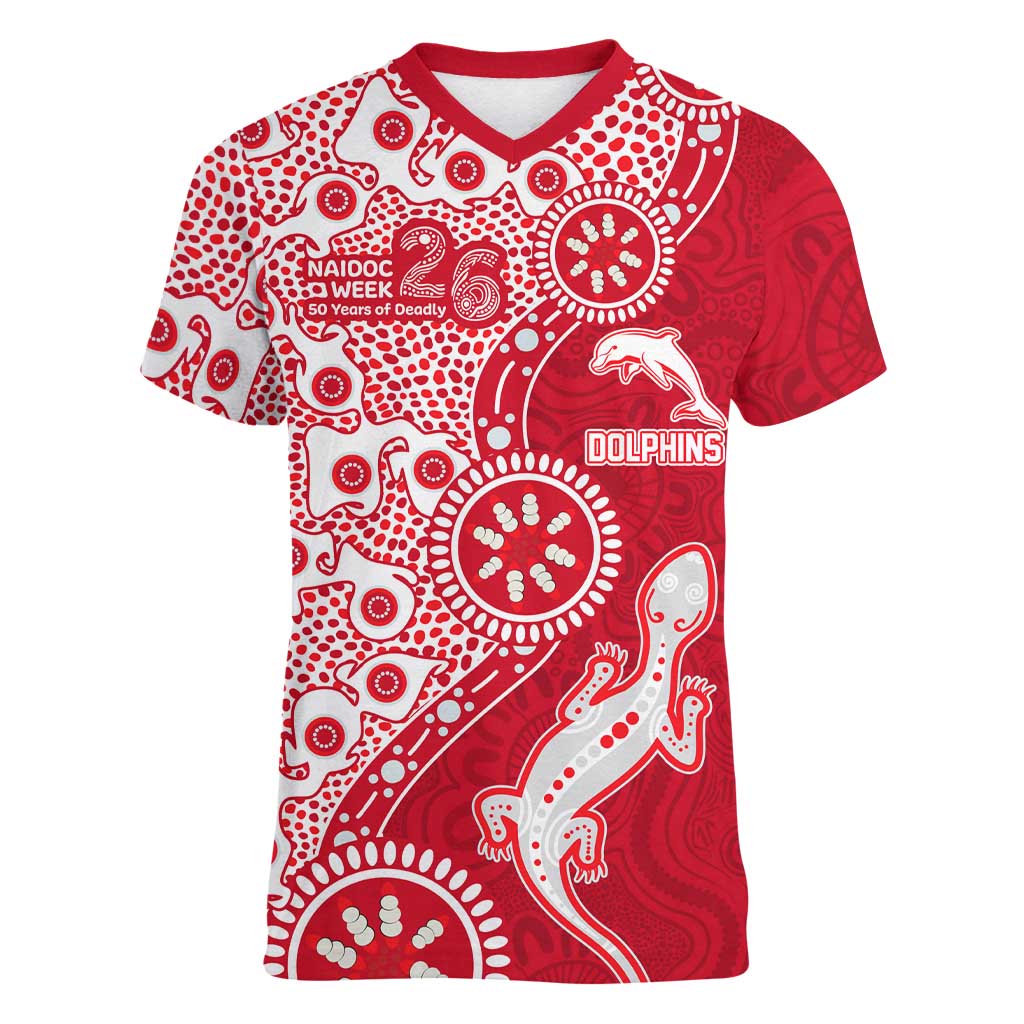 Dolphins NRL NAIDOC Week 2026 Women V-Neck T-Shirt Aboriginal Lizard Dot Painting - 50 Years of Deadly