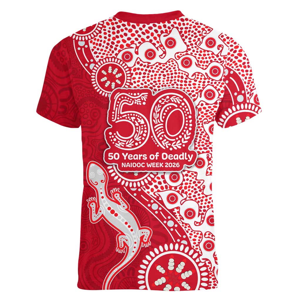 Dolphins NRL NAIDOC Week 2026 Women V-Neck T-Shirt Aboriginal Lizard Dot Painting - 50 Years of Deadly