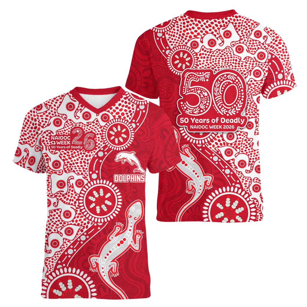 Dolphins NRL NAIDOC Week 2026 Women V-Neck T-Shirt Aboriginal Lizard Dot Painting - 50 Years of Deadly