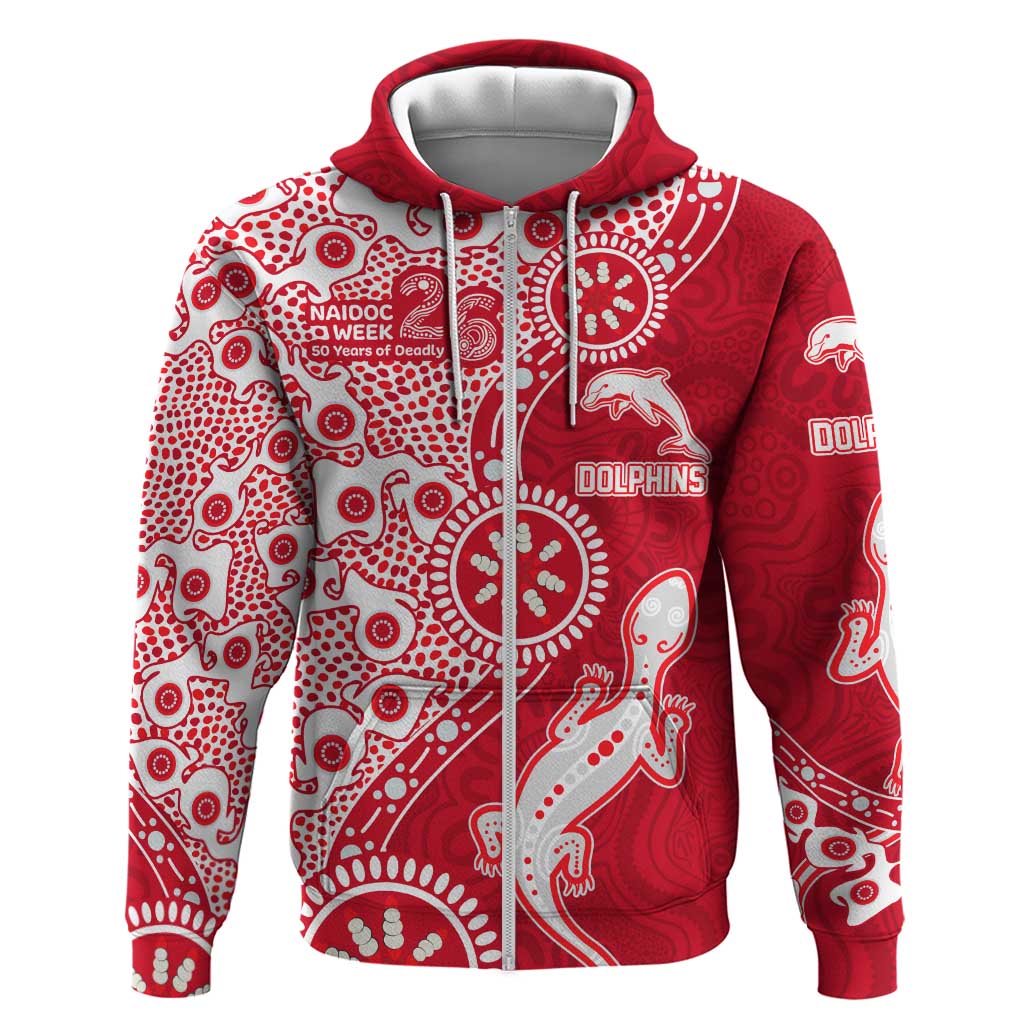 Dolphins NRL NAIDOC Week 2026 Zip Hoodie Aboriginal Lizard Dot Painting - 50 Years of Deadly