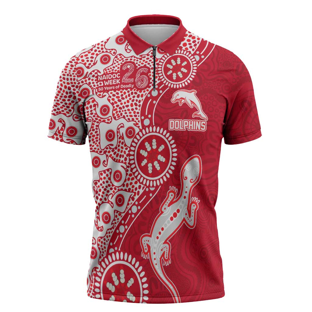 Dolphins NRL NAIDOC Week 2026 Zipper Polo Shirt Aboriginal Lizard Dot Painting - 50 Years of Deadly