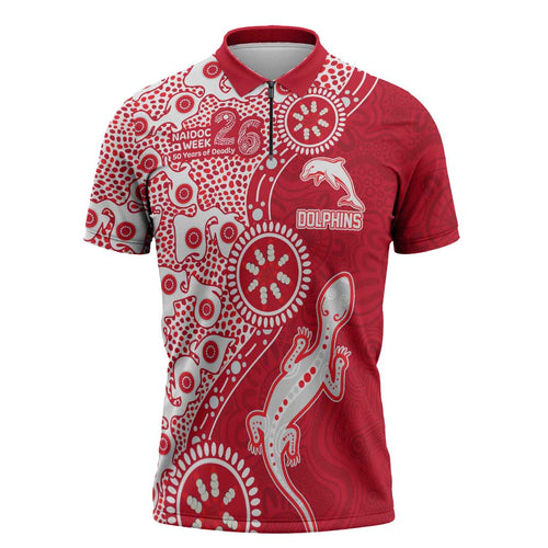 Dolphins NRL NAIDOC Week 2026 Zipper Polo Shirt Aboriginal Lizard Dot Painting - 50 Years of Deadly