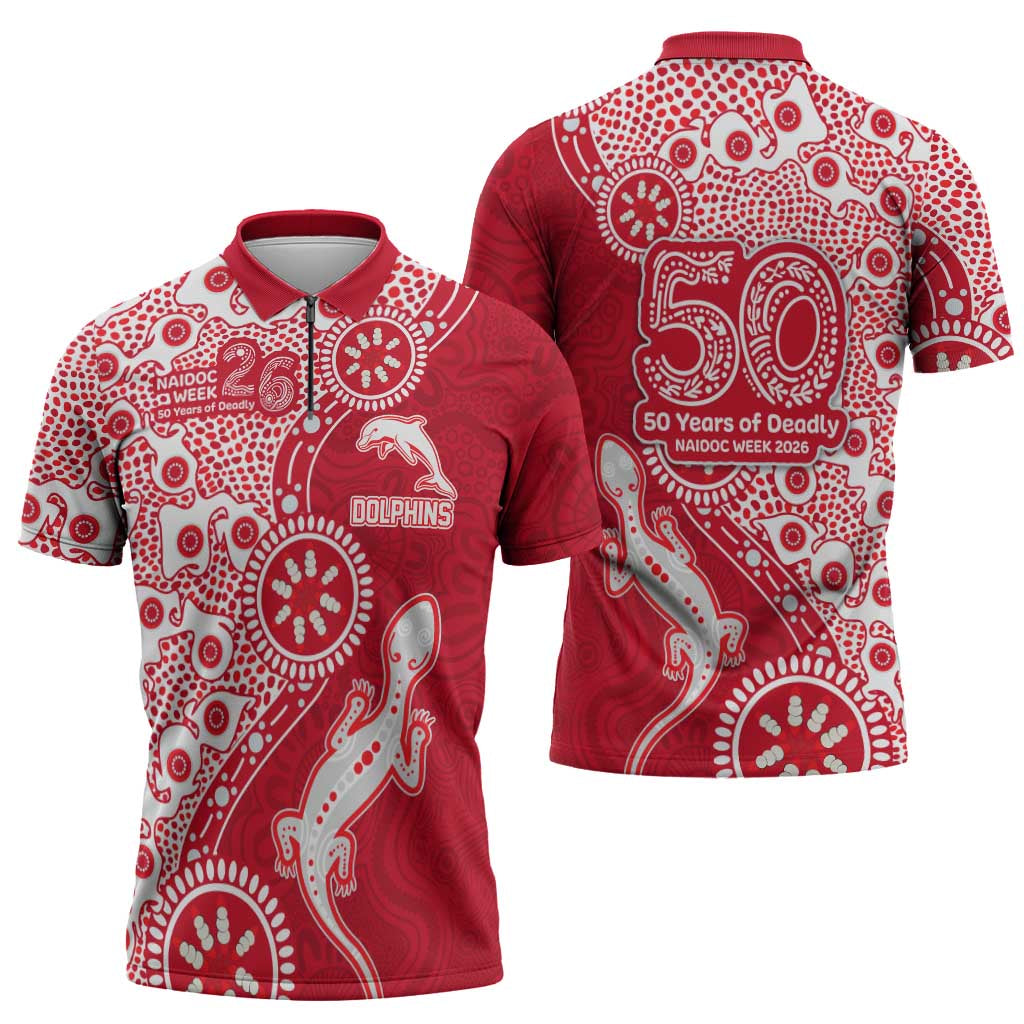 Dolphins NRL NAIDOC Week 2026 Zipper Polo Shirt Aboriginal Lizard Dot Painting - 50 Years of Deadly