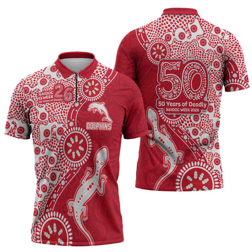 Dolphins NRL NAIDOC Week 2026 Zipper Polo Shirt Aboriginal Lizard Dot Painting - 50 Years of Deadly