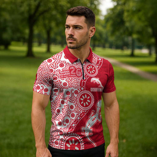 Dolphins NRL NAIDOC Week 2026 Zipper Polo Shirt Aboriginal Lizard Dot Painting - 50 Years of Deadly
