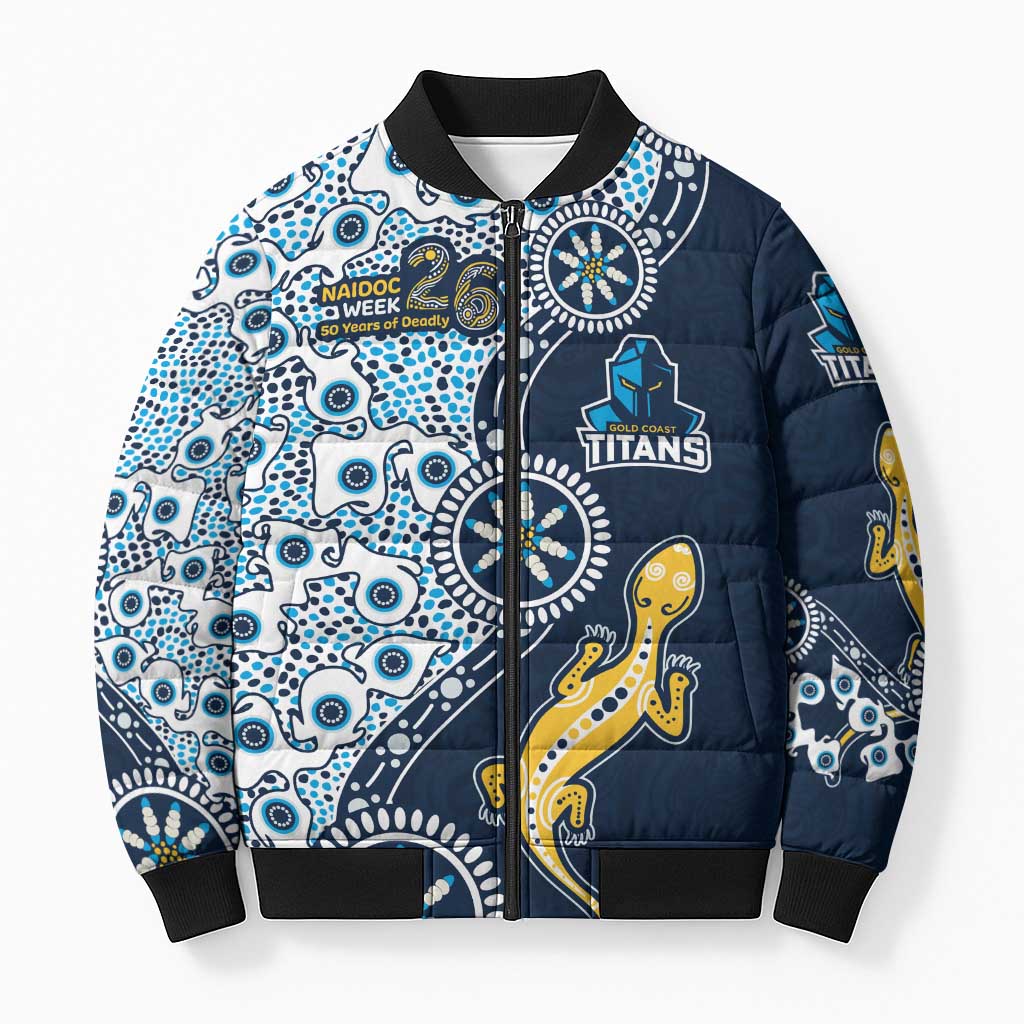 Gold Coast Titans NAIDOC Week 2026 Bomber Puffer Jacket Aboriginal Lizard Dot Painting - 50 Years of Deadly